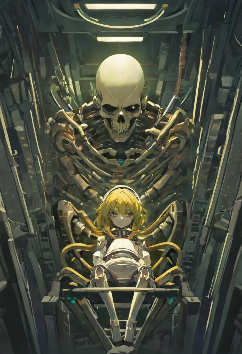 A male skeletal remain decayed old ?????? sitting in the cockpit dead. Bones and ripped clothing, echo of the past. Monitor still fuctioning. All system still work just the pilot is dead. No eyes. Hallow body exposed bones. Futuristic sci-fi cockpit. Flashing monitor and fancy buttons still operational and screen lights  up 