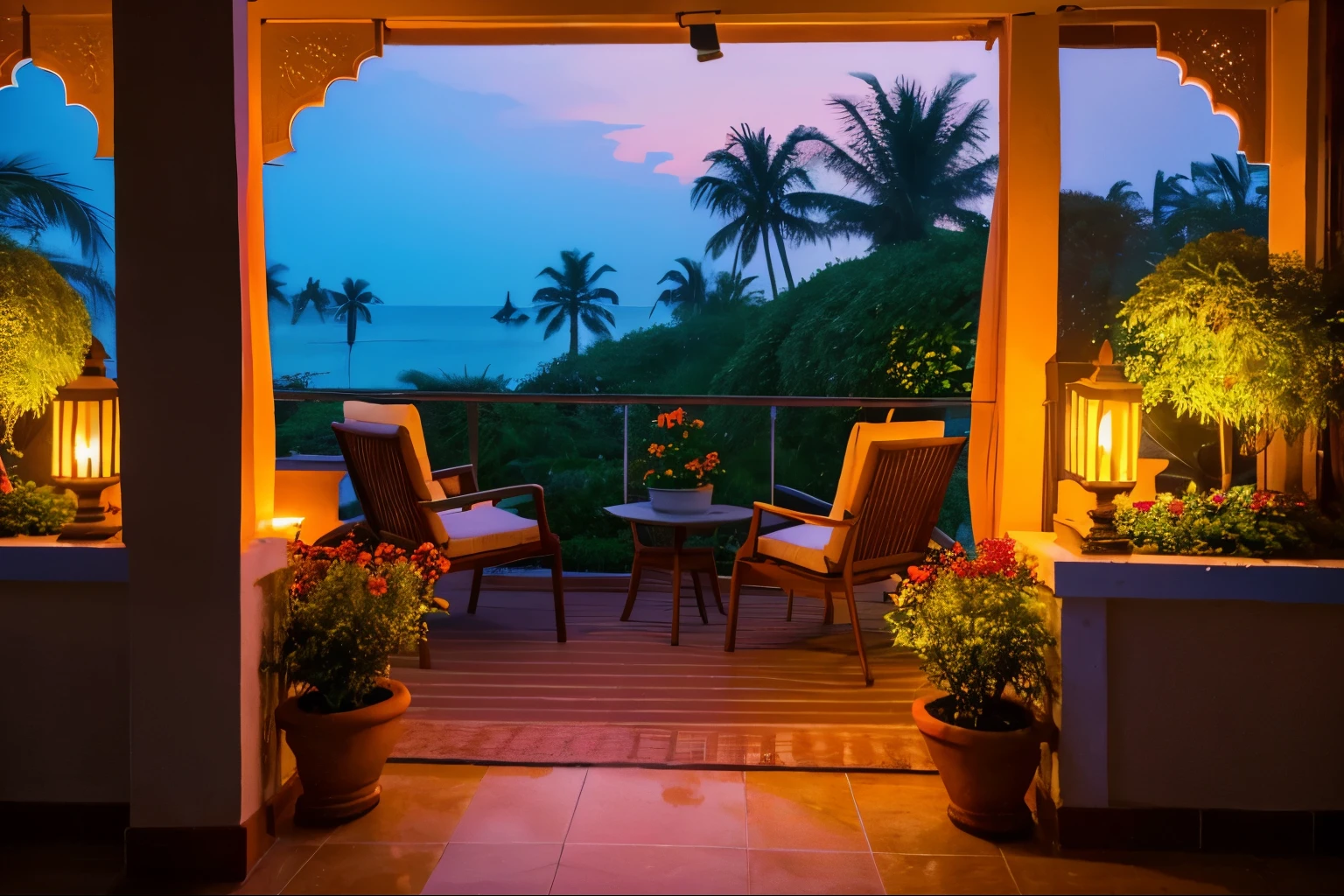Open View Indian Terrace Hotel in India ,sunset, potted plants, flowers in a vase, bird, meditation, harmony, view from the window, Ocean, amazing sunset, flower arrangement, elegant, dynamic bright lighting, happiness, full color, colorful, artificial, best details, super quality, small details, highlight, soft light