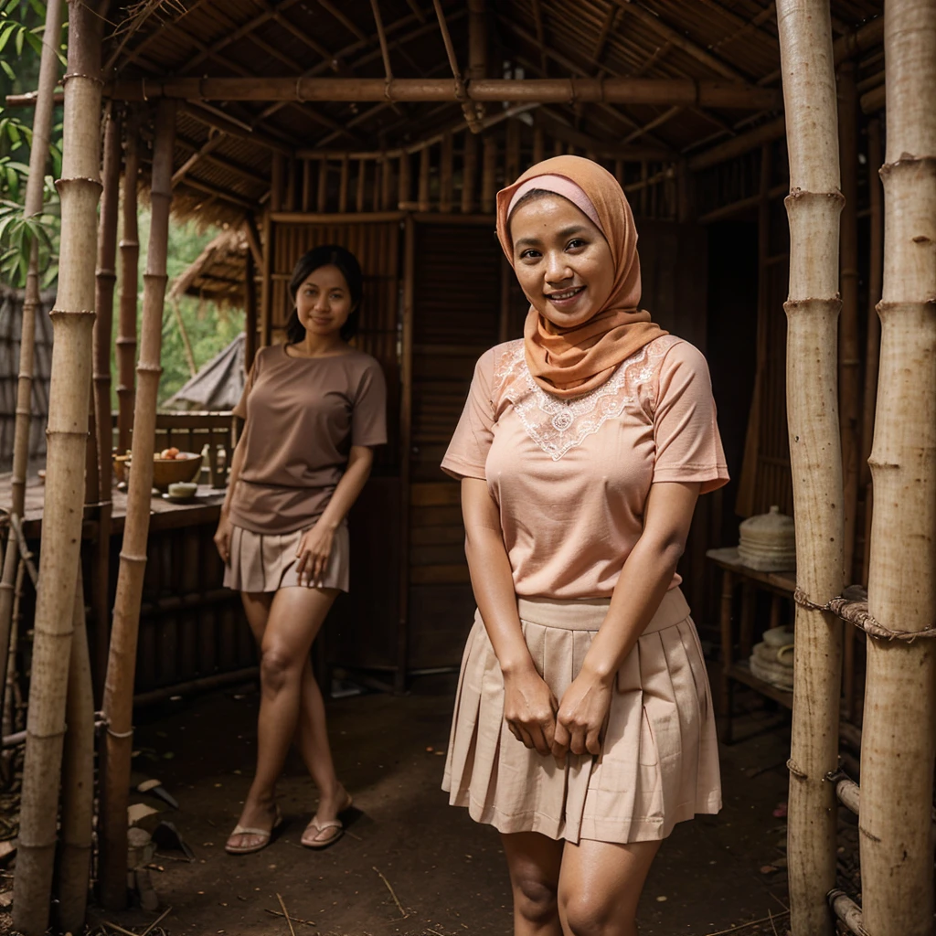 A 52 years old Indonesian woman in peach color hijab, wearing peach color lace tight t-shirt, wearing very short peach color lace pleated skirt, villager, poor woman, darker skin, curvier body, short body, smiling and standing in the old bamboo cabin in a forest, look to the viewer with eye close