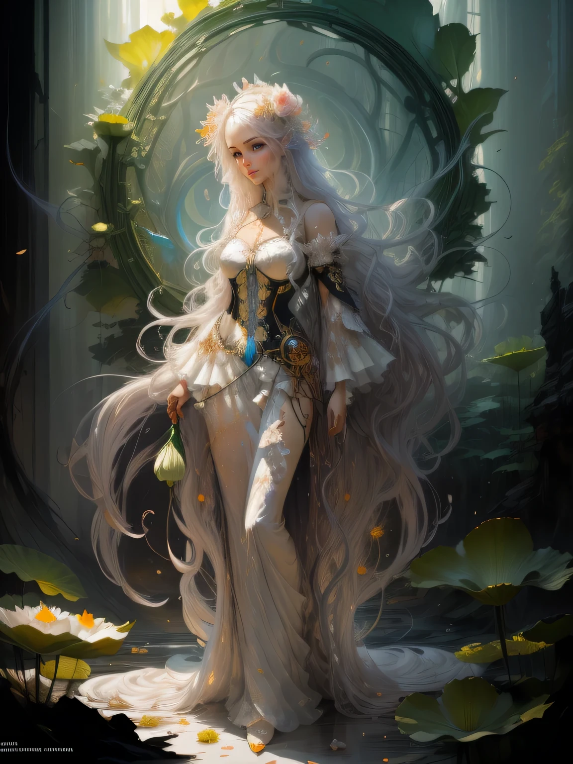 oil painting, brush strokes, dehaze, paint splashes, colorful, masterpiece, best quality, ultra detailed wallpaper, 1 beautiful fairy, white semitransparent short dress, long curly hair, , ((light passing through hair:1.3)), (high contrast, official art, extreme detailed, highest detailed), she stands on a lotus flower, surreal dreams lotus field in the backgroung, surreal dreamscape, (best quality,4k,8k,highres,masterpiece:1.2),ultra-detailed, portrait, (( digital painting by zeen chin and ruan jia and huang guangjian)), expressive pose, studio lighting,vibrant colors,dramatic lighting,contrast, , Meticulous details, intricate details