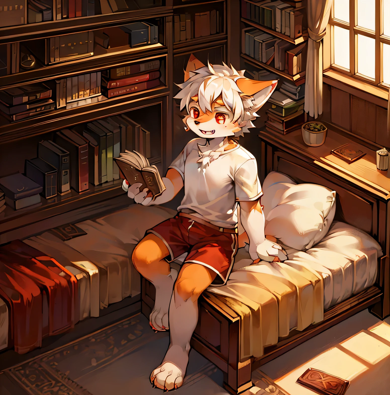 furry，A cute white fox boy，White hair，Wearing blue diapers，Wet diapers，Urine soaked thighs，Short white socks，Cute one-piece pajamas，Sitting in the library，Reading，protrait photo，HD