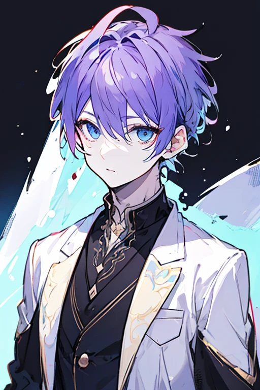 ((highest quality)), ((masterpiece)), ((1 person)),perfect face、male、purple hair color、light blue eyes、very short hair、vocal、pale colour、front、whole body、put one's hand in one's pocket、suit