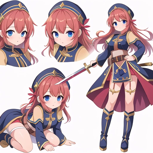 masterpiece, best quality, cute eyes, 1girl, solo, high fantasy costume, sex position, ((white background)), full body, multiple views, boots, sword,