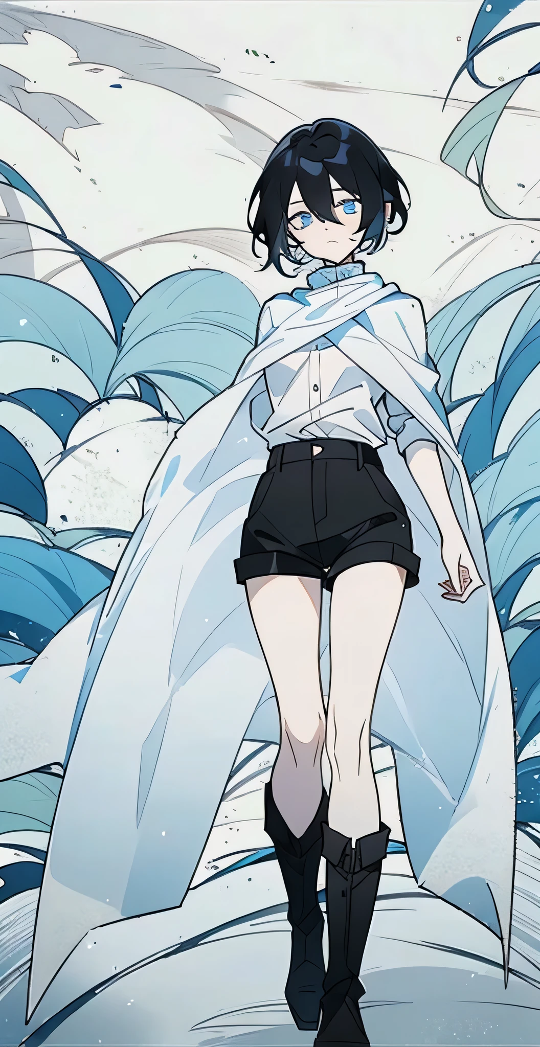 ((black hair)), (short hair)Black short hair shawl,girl,,Blue eyes,white cloak,Wear a white shirt underneath,black shorts,White knee socks,black boots,eyes empty,cold expression,Stand up straight