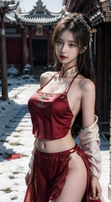 (masterpiece), (absurd), (The lens focuses on the thigh), shiny skin, girl, alone, students shine, long eyelashes, Keep your mouth shut, long hair, striped hair, curls, (Chinese bellyband:1.27),(Red plush cloak:1.2),view viewer, (Covered in snow,night,bright ancient temple:1.3), movie lighting,(Ultra-realistic textile textures),,Winning photo, Very detailed, Astonishing, fine details, (Very detailed eyes:1.125) and face, Kodak Porter 400 camera F1.6, The lens is colorful ,Hyper-realistic and realistic texture ,Unreal Engine ,ArtStation Cinestill 800 Tungsten Light Trend, beautiful woman, ulzzang-6500, (charming smile),
