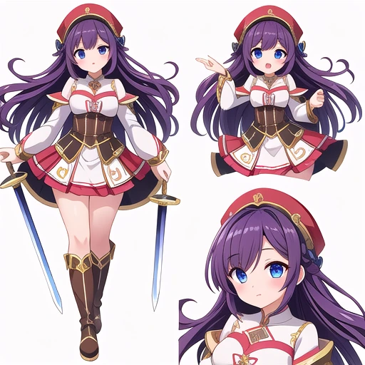 masterpiece, best quality, cute eyes, 1girl, solo, high fantasy costume, ((white background)), full body, multiple views, boots, sword,
