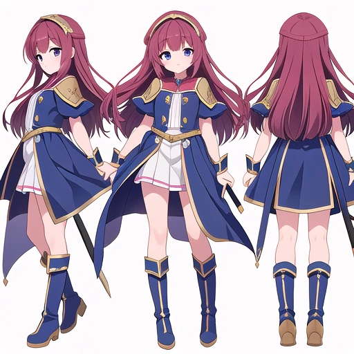 masterpiece, best quality, cute eyes, 1girl, solo, high fantasy costume, ((white background)), full body, multiple views, boots, sword,
