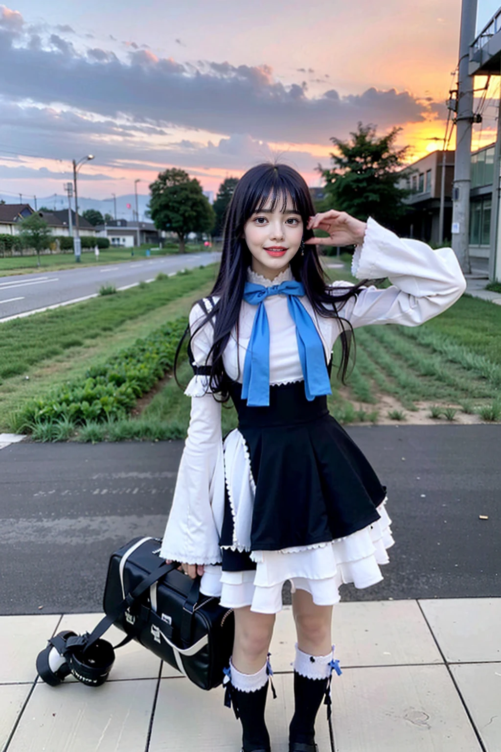 (masterpiece), best quality, 30's woman, frederica bernkastel, dress, tail bow, purple hair, bowtie, cat tail,, socks, (crazy eyes:1.2), (troll face), (flying), (candy:1.4), sky, outside, red sky, milky way, amazingly beautiful, cyberpunk, photorrealistic, standing position, hyper realistic, perfect hands