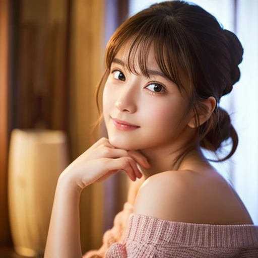 highest quality、masterpiece、超A high resolution、(Photoreal:1.4)、Raw photo、1 girl、off shoulder gentle、light shines、Japanese、nice style、Beautiful woman、in the room、put your hand on your face