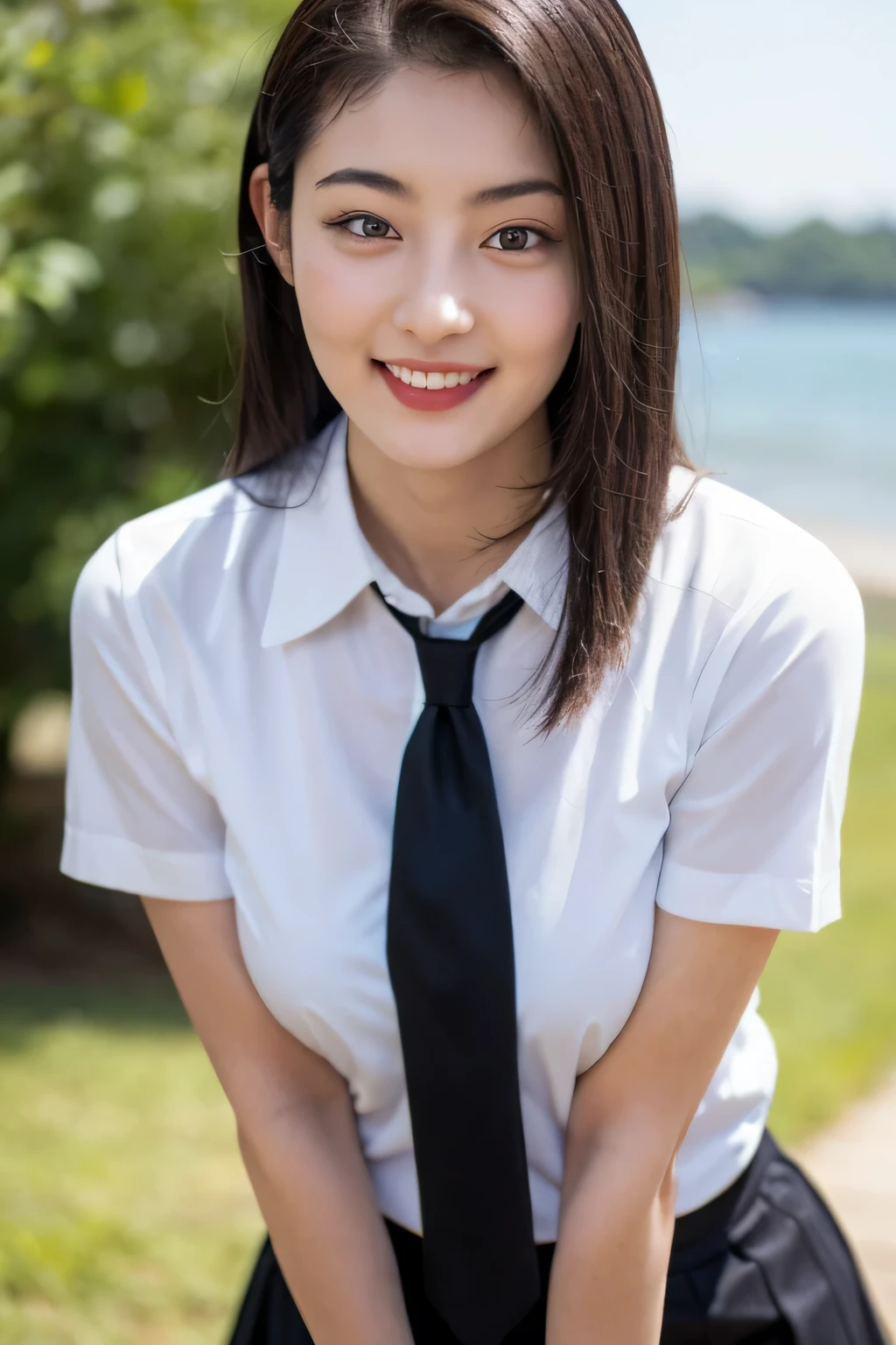 8k RAW photo, highest quality, masterpiece, ultra high resolution, 3D, realistic, 1 girl, Asian, black_hair, black_crew_collar, length_hair, nose, School_uniform, neckerchief, natural skin texture, light brown_eye, detailed eyes and face, lips, lipstick, smile, teeth, beautiful feet, huge breastss, Beautiful seaside location, (detailed background), plaid skirt, white shirt, huge breasts, blurred background, short sleeve