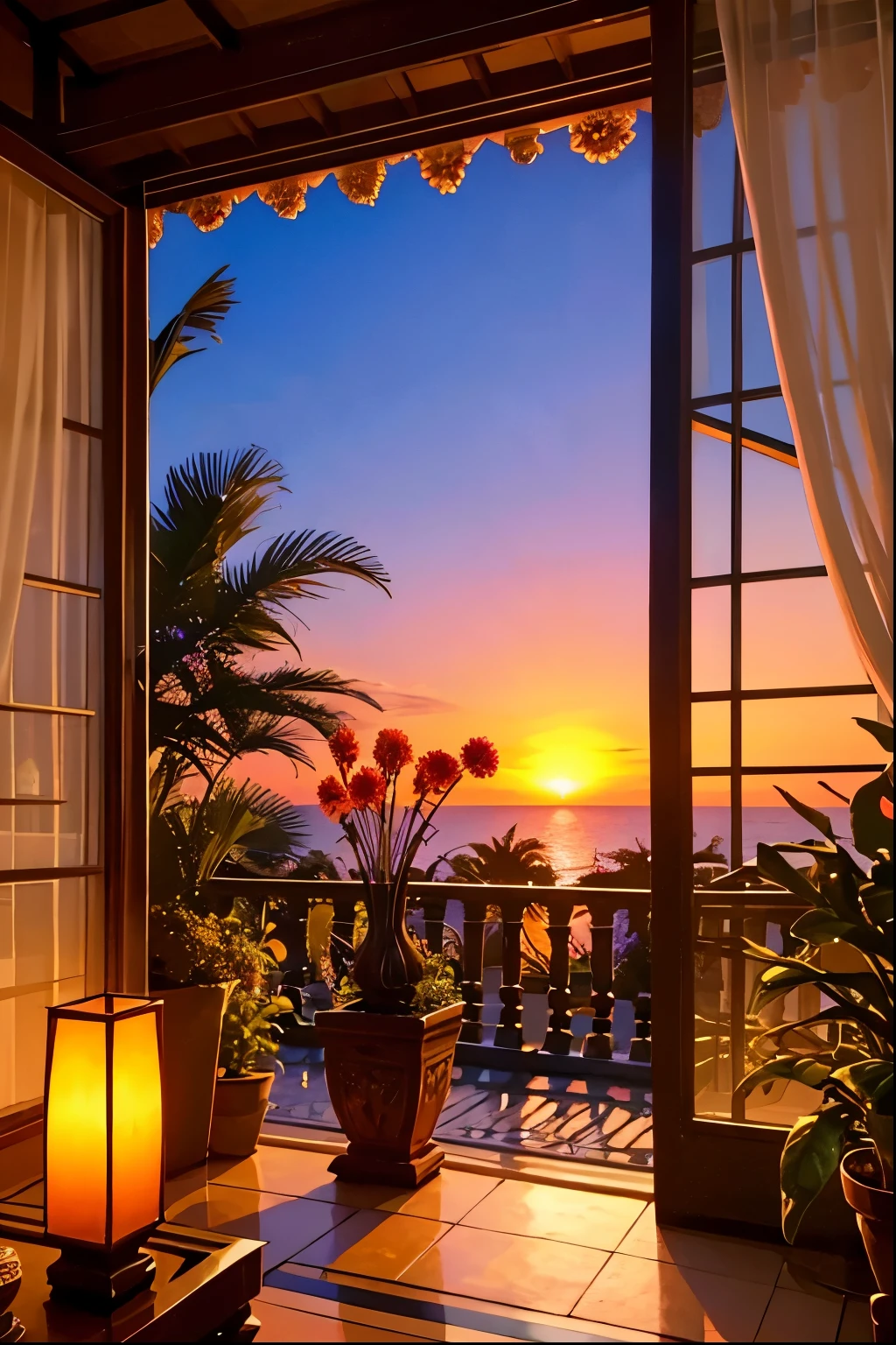 Open View Indian Terrace Hotel in India ,sunset, potted plants, flowers in a vase, bird, meditation, harmony, view from the window, Ocean, amazing sunset, flower arrangement, elegant, dynamic bright lighting, happiness, full color, colorful, artificial, best details, super quality, small details, highlight, soft light
