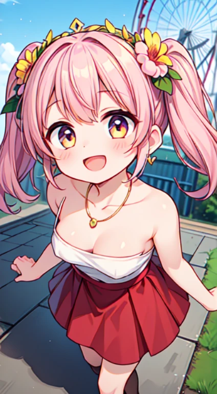 (super detailed illustrations:1.2),(masterpiece, 8K), (最high quality, high quality:1.4), perfect anatomy, very detailed, super detailed,masterpiece background,beautiful詳細な背景, v8K wallpaper,perfect design,award winning art,in the atmosphere,
break, 1 beautiful girl, alone,(cute:1.5),(Chibi:0.8), (cute:1.5),(:0.5), break, (girl, cute, Hilarious, face, medium breasts:1.2),(pink hair,messy short twin tails,we say,gold eyes:1.2),glowing skin,beautiful skin, cleavage,beautiful , glowing skin,beautiful skin, beautiful skin,( laughter:1.5),(最high quality face),(最high qualityの輝く目),(最高の笑face,:d:1.45),
break, (1girl, alone, looking at the viewer, walk:1.2), (amusement park:1.2), (attraction, Theme park, roller coaster:1.2), (Ferris wheel:1.2), (flower, squirt:1.2), (outdoor:1.2), beautiful詳細な空, date, sunlight, beautiful照明, volume lighting,
topless,flat chest,nipple,nsfw, (red skirt, Fine lace skirt), (tiara, necklace, earrings), (flower crown, flower head, side flower head, flower hair ornament:1.5)
break,Seaweed,Seaweed,Seaweed,(look up,From above:1.5) ,upward glance,
break,(blurred background:1.3),(absurd, High resolution, Super detail Art),cel shading,clear color, optical effect, beautiful pictures, bright shine, mysterious atmosphere,(Close-up of girl:1.1), mysterious light particle effect,Manga influence, beautiful line drawing,