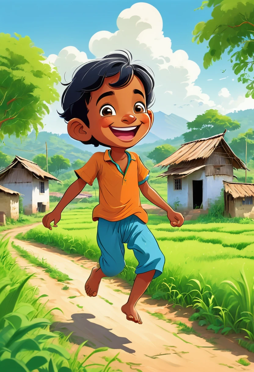 A little boy Raju playing joyfully in a small village surrounded by lush green fields. Cartoon style