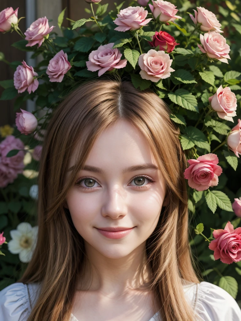 arafed woman smiling, ukrainian girl, russian girl, warm smile, beautiful and smiling, beautiful nordic woman, cute woman, russian style, lovely woman, attractive girl, a cute young woman, very very beautiful woman, portrait, half body, en un jardin con muchas flores, rosas