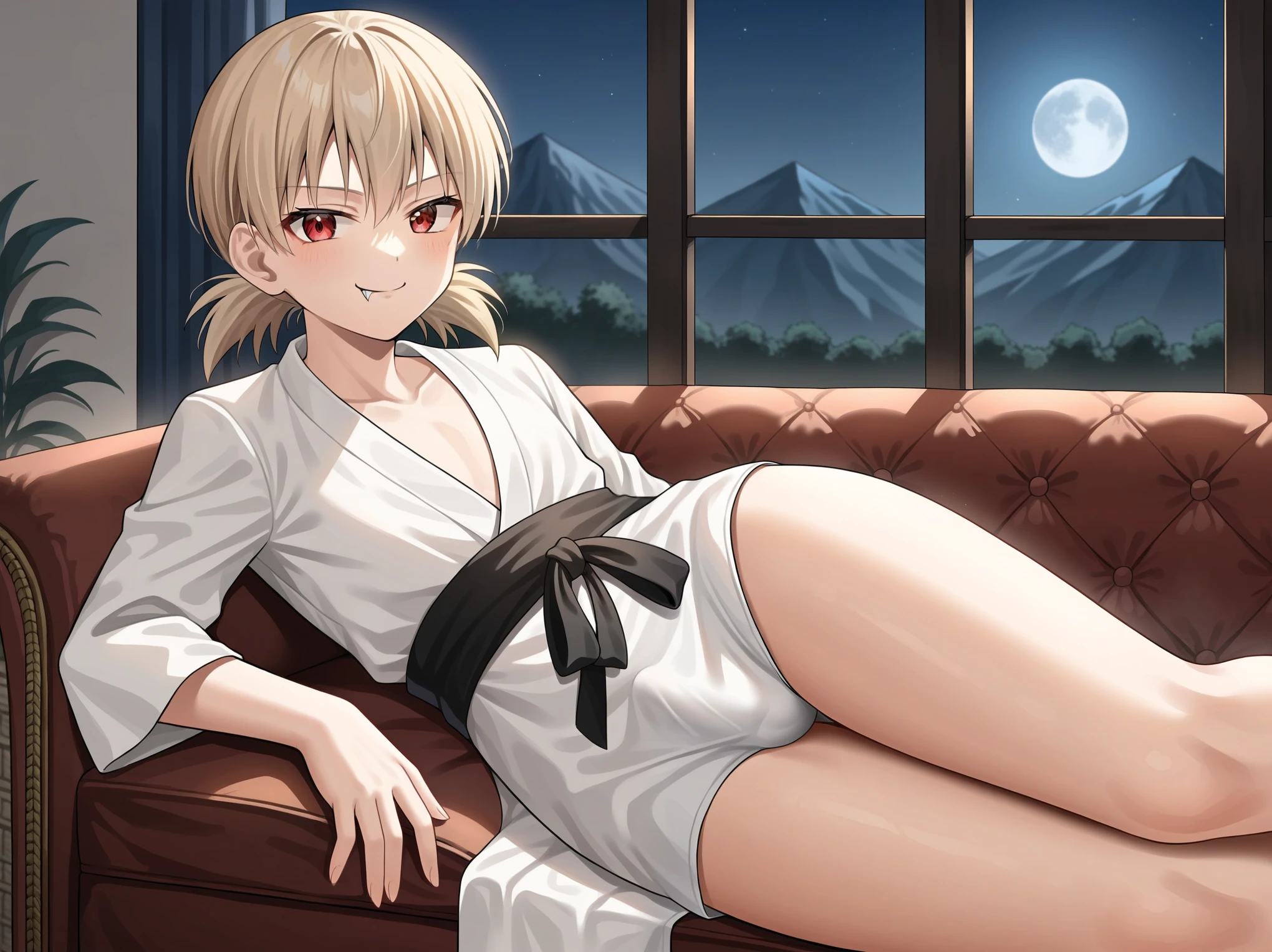 source_anime,score_9,score_8_up, score_7_up, 1boy,solo,outdoors, hellsing, seras, vampire, fangs, face closeup, face focus , couch, indoors, seductive, face closeup, ((closed mouth)), smirk, thighs, long shot, balcony, mountain and riverbackground, fancy, white couch, laying, leaning, front view, exposed penis, shorts with rope outline, white robe, genderswap, genderbend, bulge, genderbend ftm, ftm, short hair, femboy, Japanese rope underwear, shota, young, very young, aged down, lole, tiny, night time, smug, smirk, night, after dark, cannopy curtain, curtain, fancy cannopy curtian, medium penis, twintails, short twintails, low twintails, red eyes, vampire eyes