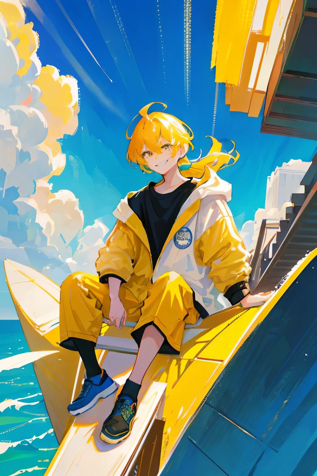 1 Male, male, smile facial, An artist, colorful city background, sitting on a floating platform, Stunning light from distant brightens the scene, paintbrush, paints, colorful clothes, close up, masterpiece, highres, best quality, black shirt, yellow jacket