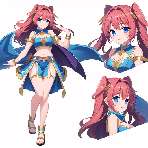 masterpiece, best quality, cute eyes, 1girl, solo, high fantasy costume, ((white background)), full body, multiple views, midriff,