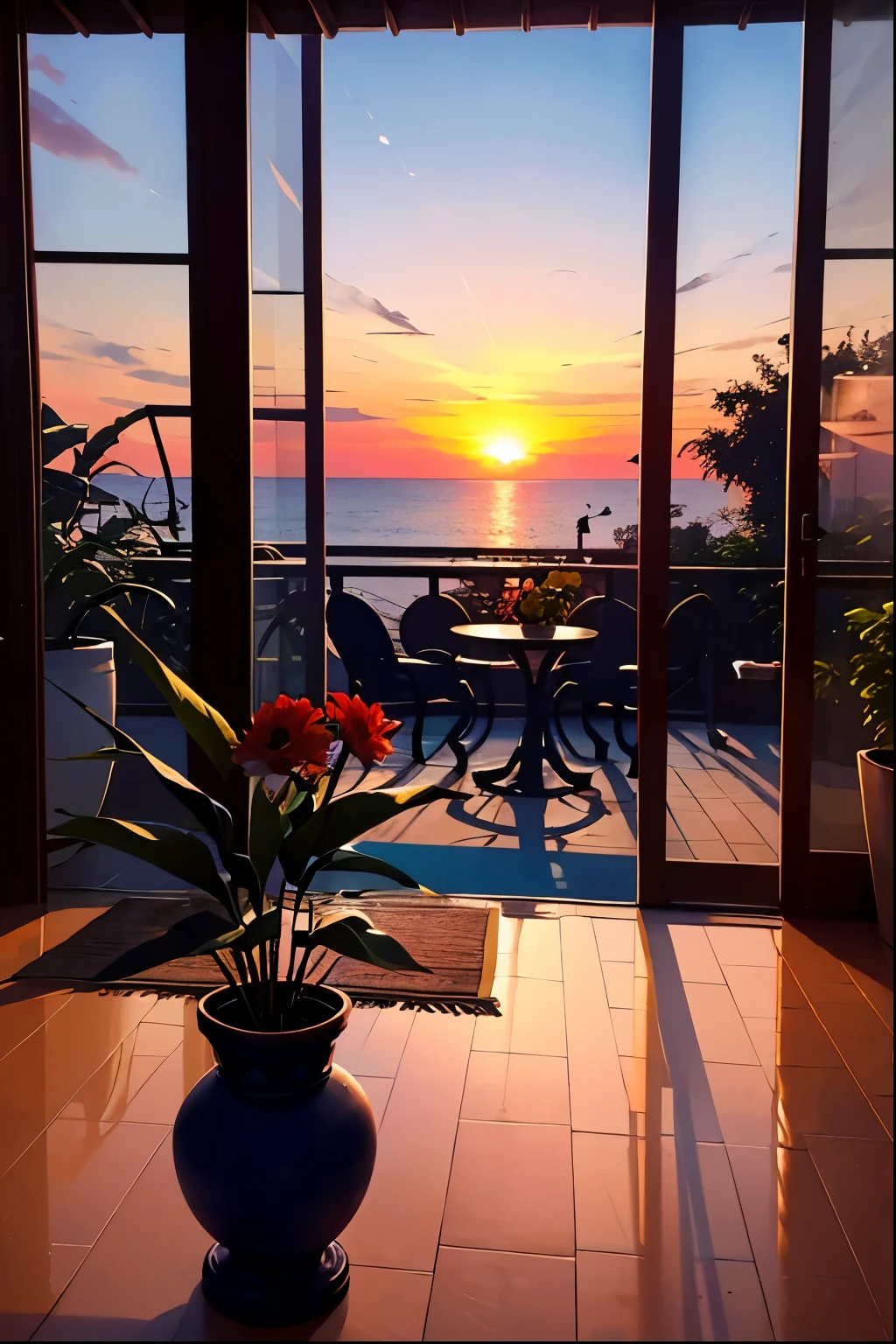 Open View Indian Terrace Hotel in India ,sunset, potted plants, flowers in a vase, bird, meditation, harmony, view from the window, Ocean, amazing sunset, flower arrangement, elegant, dynamic bright lighting, happiness, full color, colorful, artificial, best details, super quality, small details, highlight, soft light