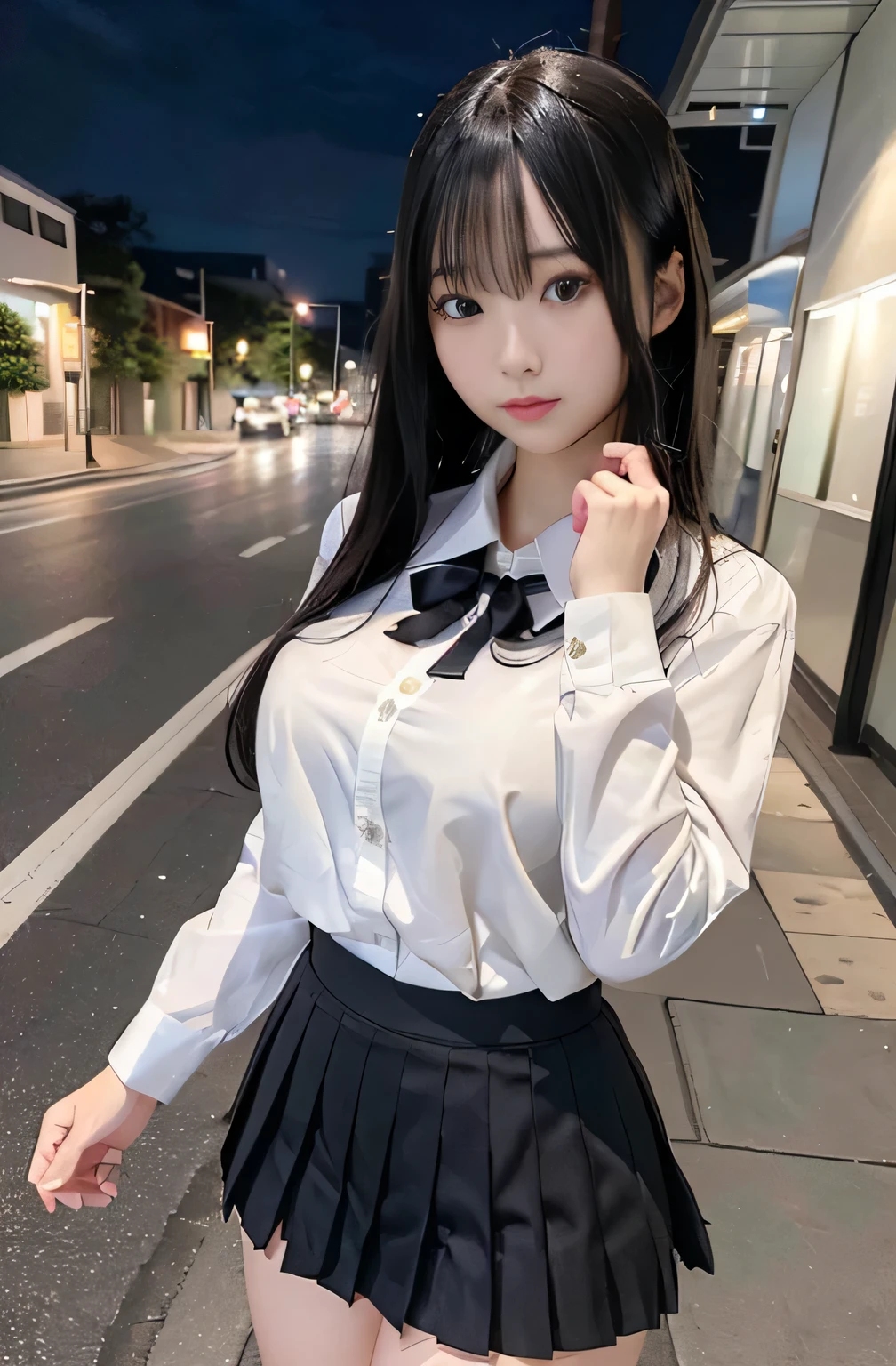 masterpiece, highest quality, realistic, Raw photo, Digital single-lens reflex camera, beautiful Japanese girl, shiny white skin, Realistic beautiful face without makeup, realistic beautiful bright eyes, double eyelid, look at the audience, (Highly detailed shiny black long hair and bangs), (Tousled hair fluttering in the strong wind), slim body shape, slim face, slim waist, big breasts, thin thighs, ((school uniform, pleated skirt, windy street, at night)), realistic lighting and shadows, Very delicate and beautiful photo, ultra high resolution, 8k UHD wallpaper,