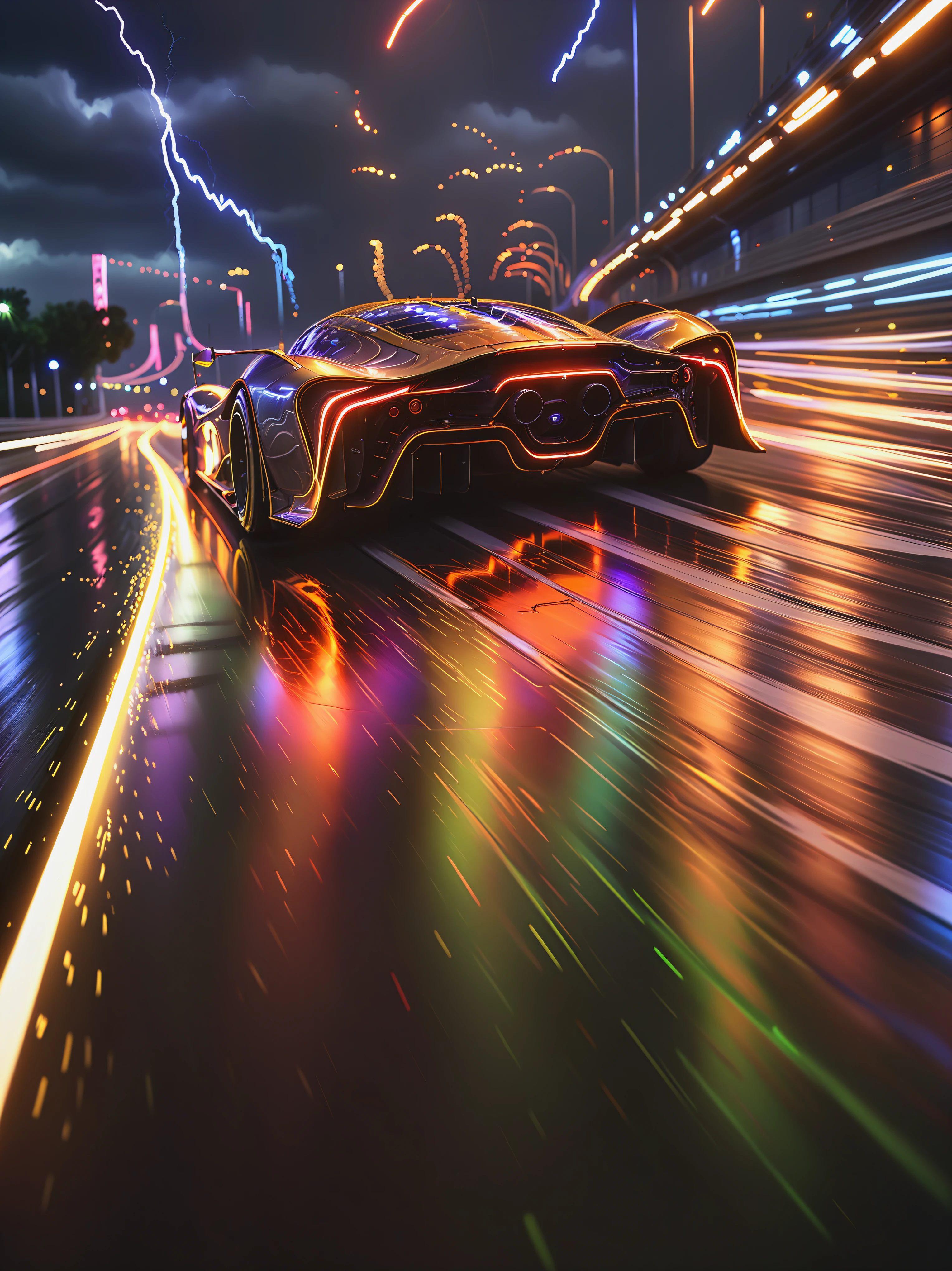 a dynamic perspective, perhaps from ground level or a low angle, to emphasize the speed and power of the racing cars as they zoom past. Use foreshortening to accentuate the sense of depth and movement, glowneon, glowing, sparks, lightning, (((Front view)))