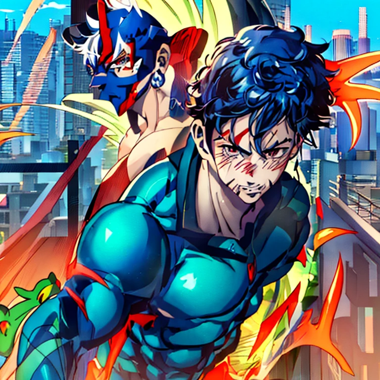 A anime boy with powers like frog .he is wearing a blue and black colour superhero costume and black hair with red mask without a cape in the background is mumbai . 