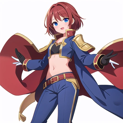 ((a woman with red hair, red eyes, short hair)),((small breasts)),((with blue cape, red gloves)),with red underwear, in a city