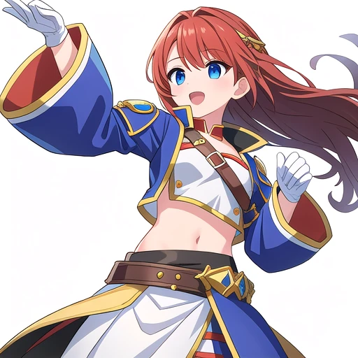 solo female, midriff, ((( white background))), character focus, fantasy clothes, standing, grove cuff, gloves, character design,