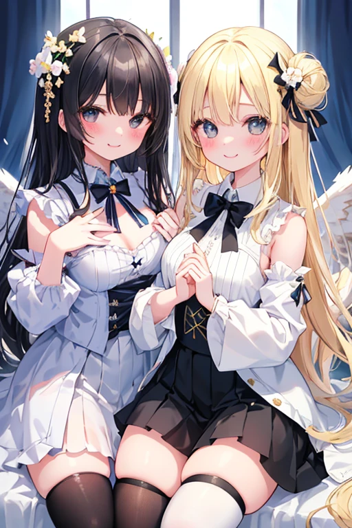 beautiful illustrations, highest quality, pretty girl,beautiful girl、clear face、 half girl、pastel colour ,blonde、black hair、black eyes、smile、blush、にこやかなsmile、thighs、devil and angel、two girls、fantasy、fantasy、perfect hands、five fingereet、facing each other、