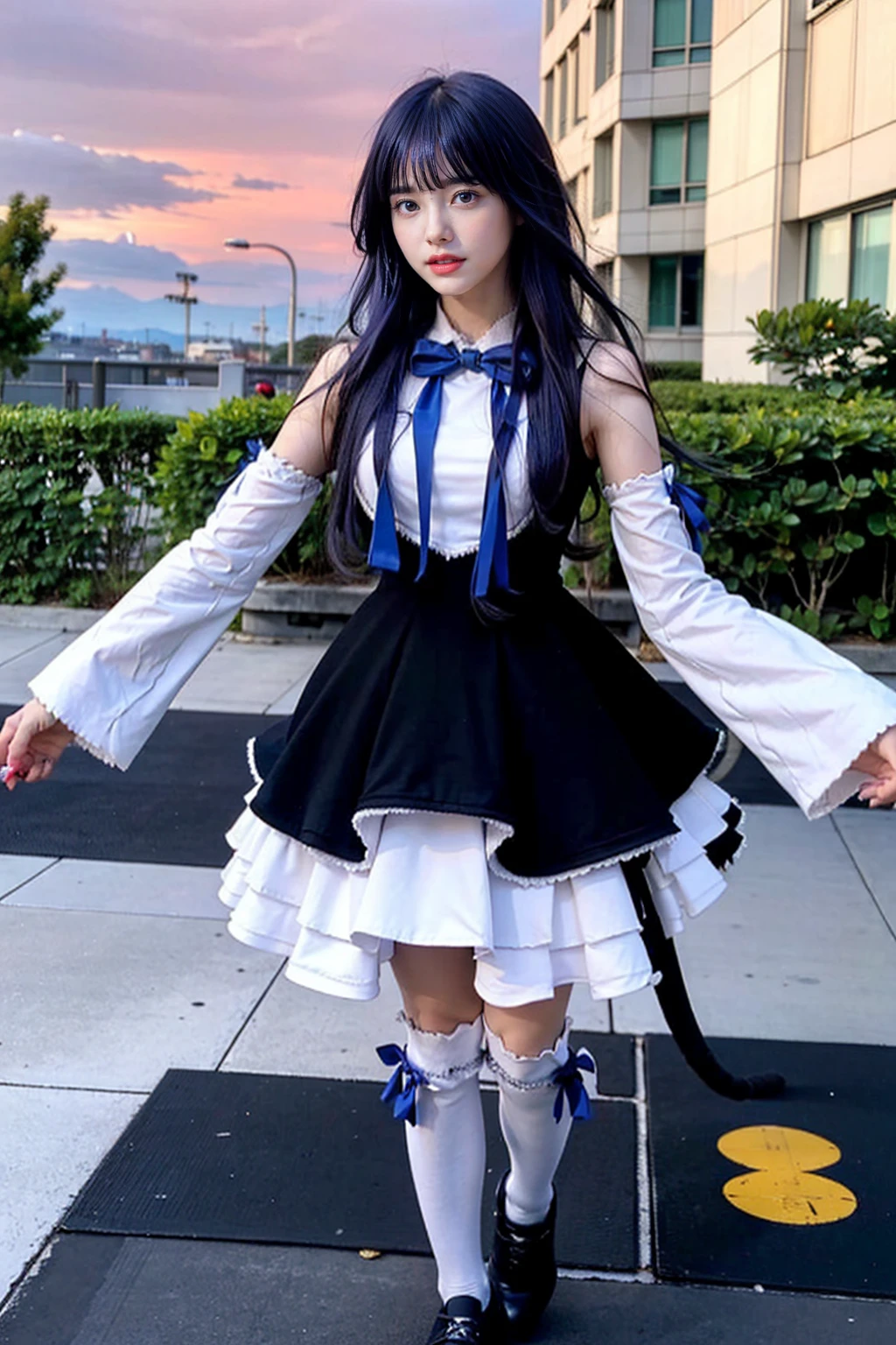 (masterpiece), best quality, 30's woman, frederica bernkastel, dress, tail bow, purple hair, bowtie, cat tail,, socks, (crazy eyes:1.2), (troll face), (flying), (candy:1.4), sky, outside, red sky, milky way, amazingly beautiful, cyberpunk, photorrealistic, standing position, hyper realistic, perfect hands