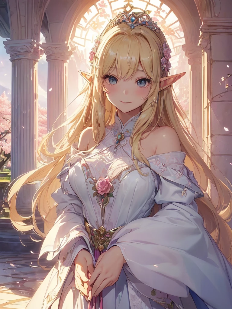 highest quality、Highest image quality、masterpiece、beautiful face、、Titania、Super beautiful elf beauty((22 years old OL big bust、bust 90,beautiful long ironed hair、blonde、Height: 165cm。slender、sexy、Esbian、beautiful tiara、night、High quality、美しいart、Beautiful bed、canopy、Canopy、muste piece、ビジュアルart、Depth of the bounds written、、elf ears、、Lightのmagic、universe、A happy smile、穏やかなLight、Elven Forest、cherry blossoms、、elegant、ticker beautiful decorative、marble columns、fresco、Mosaic floor、mystical　rosa、Rose、flower瓶magicのflower、flowerを作るmagic、Light、　the sky、beautiful dressy、beautiful dress、table、myth、ART、Lord of the Ring、sexy、friendly smile、Fantastic、cherry blossoms、舞い散るflowerびら、cherry blossomsのflower、universeのmagic、magicのLight、fantasy、flower、super REALITYたくさんのRose、magic、Interior decoration、Many tapestries、Grow fantasy、、mysteryのLight、byzantine、renaissance、Art nouveau、alphonse　Mucha、、art、art,mystery,UHD,magicalgentle light,sexy、