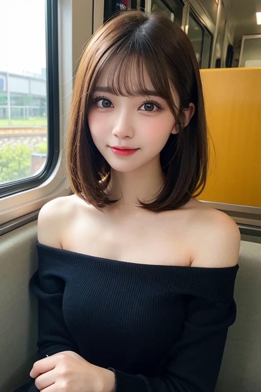 masutepiece, Best Quality, One girl, (beautiful girl:1.3), (18 years old:1.3), Very fine eye definition, (Symmetrical eyes:1.3), (Beautiful scenery:1.2), (sit on a train long seat:1.3), (front view:1.4),one girl, (a beauty girl, delicate girl:1.3), ), break, (off-shoulder:1.2), break, (bedroom:1.2), break, very fine eyes, (symmetrical eyes:1.3), break,, brown eyes, parted bangs, brown hair, (upper teeth, best smile:0.2), break, (eyes and faces with detailed:1.0), break, (masterpiece, best quality, ultra detailed, detailed face, 8k)