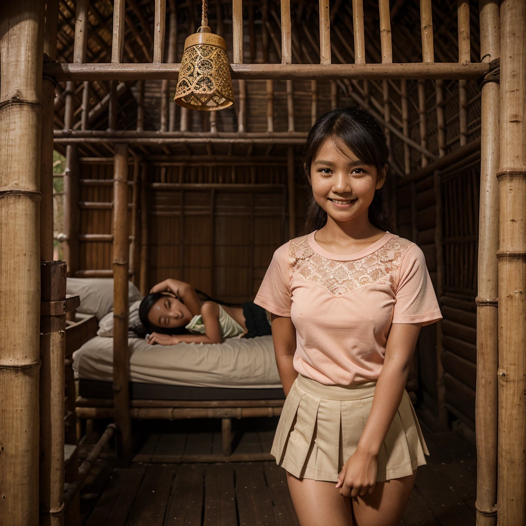 A Indonesian girl, wearing peach color lace tight t-shirt, wearing very short peach color lace pleated skirt, villager, poor girl, darker skin, curvier body, short body, smiling and standing in the old bamboo cabin in a forest, look to the viewer with eye close