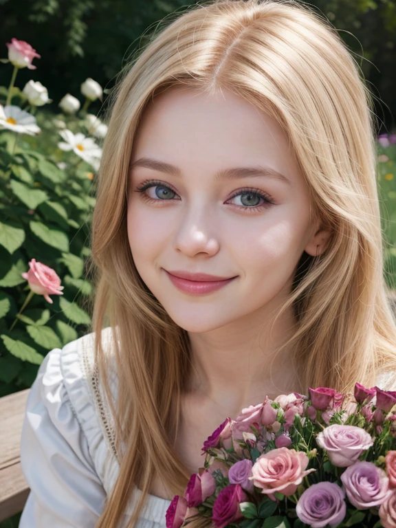 arafed woman smiling, ukrainian girl, russian girl, warm smile, beautiful and smiling, beautiful nordic woman, cute woman, russian style, lovely woman, attractive woman, a cute mature woman, very very beautiful woman, portrait, half body, en un jardin con muchas flores, rosas, 25 year old woman