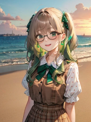 （Glasses）、小さなgirl、The arrival of autumn、big butt、 (alone:1.5,)Super detailed,bright colors, very beautiful detailed anime face and eyes,highest quality, hyper detail, masterpiece, look straight, ;shiny_skin,girl, ((gradation hair , Half white hair、Half green hair: 1.2)) 、forehead is exposed、shiny hair, delicate beautiful face, blush、(turquoise eyes), White skin, Valletta, mature earrings,、sandy beach、sunset、((ribbon、(check、Fashionable blouses、polka dots、brown skirt)))、twin tails、smile、happy face、face dyed red、