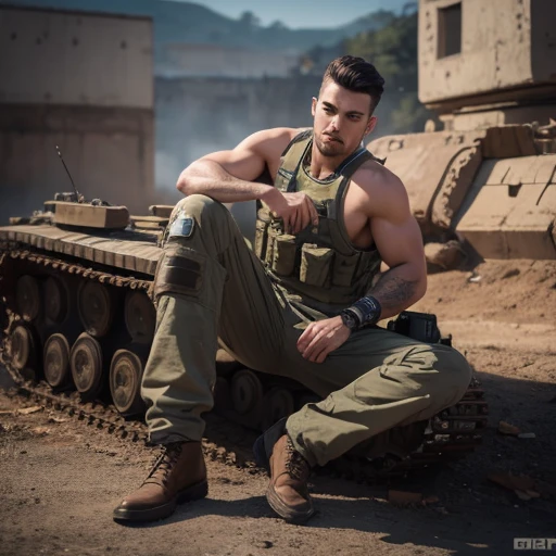 (dressed as tank driver:1.3), attractive, flirting, (((full body visible))), looking at viewer, portrait, photography, detailed skin, realistic, photo-realistic, 8k, highly detailed, full length frame, High detail RAW color art, piercing, diffused soft lighting, shallow depth of field, sharp focus, hyperrealism, cinematic lighting, (Masterpiece:1.3), (best quality:1.3), 