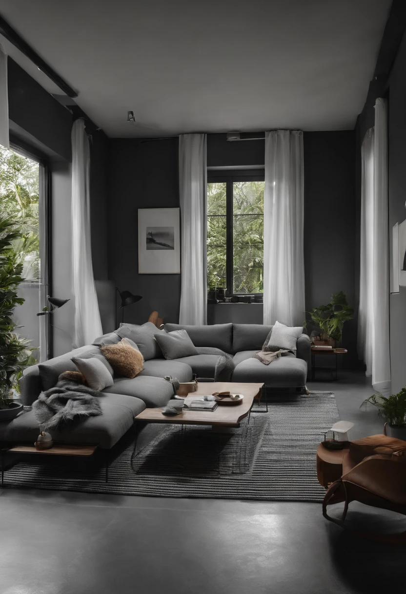 Departamento minimalista paredes gris marengo oscuro techo blanco, piso vinilico gris oscuro, cubrepolvos blancos sofa de cuero cafe claro, escultura de venus, plantas grandes