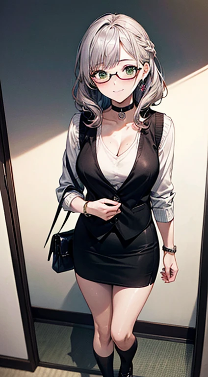 ((((perfect anatomy, Ultra-fine skin)))), 1 girl, Japanese, 25 years old, (Skin is delicate and super shiny:1.1), Enjoy the scenery, (Awkward:1.2),
1girl, solo, breasts, looking at viewer, smile, short hair, bangs, skirt, large breasts, cleavage, jewelry, closed mouth, green eyes, standing, collarbone, full body, braid, grey hair, shoes, glasses, choker, socks, virtual youtuber, black skirt, off shoulder, bag, bracelet, sweater, official alternate costume, plaid, wavy hair, black choker, plaid skirt, brown footwear, black socks, watch, handbag, white sweater, official alternate hairstyle, off-shoulder sweater, shirogane noel,
Beautiful collarbone, Beautiful body, Beautiful Orgasm, Beautiful thighs, beautiful legs, Beautiful and delicate fingers, five fingers, baby face, , ,
(((long sleeve white shirt, black suit vest:1.4, Black tight mini skirt:1.4, black tie, ), The thighs are shiny, Pink perspective, very sexy, crotch, seductive thighs, camel toe)),
(Beautiful scenery), office, eternal, Lift up your skirt yourself, ,
(8K, top quality, masterpiece:1.2, Very detailed, , ), (lifelike), Beautiful illustration, Cinema lighting,
