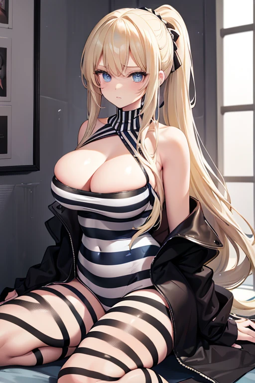 blonde hair, long hair, ponytail, blue eyes, black and white striped jumpsuit, prison uniform, prisoner, prisoned, jailed, jail cell, huge breasts
