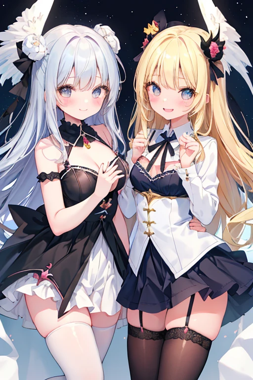 beautiful illustrations, highest quality, pretty girl,beautiful girl、clear face、 half girl、pastel colour ,blonde、black hair、black eyes、smile、blush、にこやかなsmile、thighs、Devil girl and angel girl、two girls、fantasy、fantasy、perfect hands、five fingereet、facing each other、