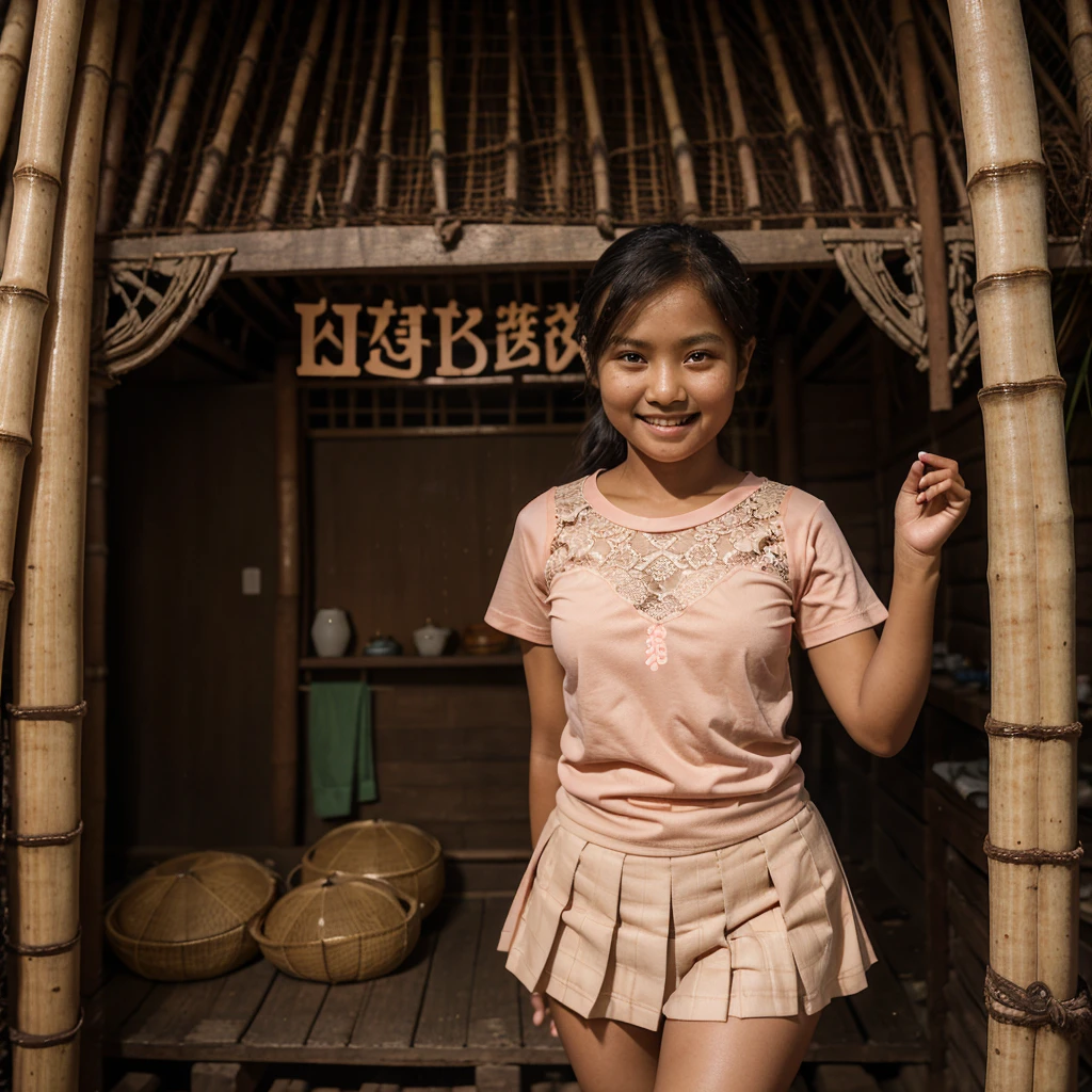 A Indonesian girl, wearing peach color lace tight t-shirt, wearing very short peach color lace pleated skirt, villager, poor girl, darker skin, curvier body, short body, smiling and standing in the old bamboo cabin in a forest, look to the viewer with eye close