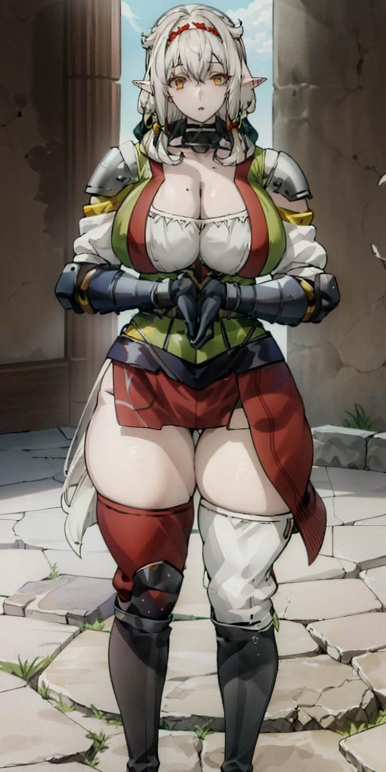 masterpiece, best quality, high quality, 1solo white SKIN elf, long hair, white hair, yellow eyes, full body, breastplate, looking at viewer, shiny, armor, thigh highs, high boots, shoulder armor, faulds, poleyn, gloves, gauntlets