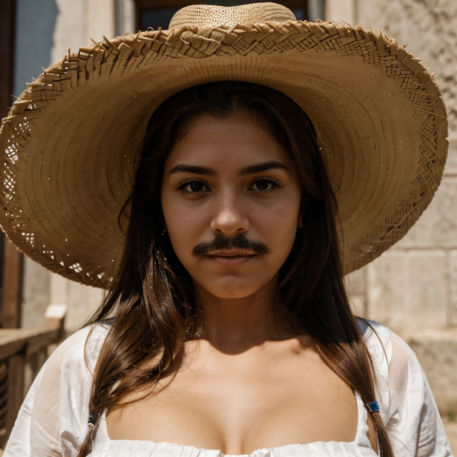 hispanic spanish  latin mexican girl wearing sombrero and a mustache covered in tattoos