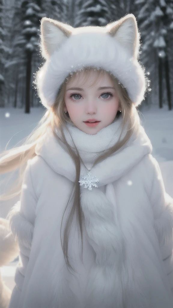 (Raw photo:1.2), (realistic:1.4), (highest quality:1.4), (ultra high resolution:1.2), (very detailed:1.3), (HDR:1.2), (cinematic lighting:1.3), (fine eyes), (facial details), (Fur details), (lots of snow:1.2). ), Cute white fox, Are standing, (3/4. Portrait: 1.2), (Hairy tail: 1.2), (soft fur: 1.2), (Moe: 1.2), (looking at the audience), (innocent look), (soft light), (dreamy), (dream: 1.3), (ethereal: 1.3), (magic: 1.2), (snowflake: 1.2), (winter wonderland: 1.3), (Whimsical: 1.2), (fun: 1.2), bust, alone