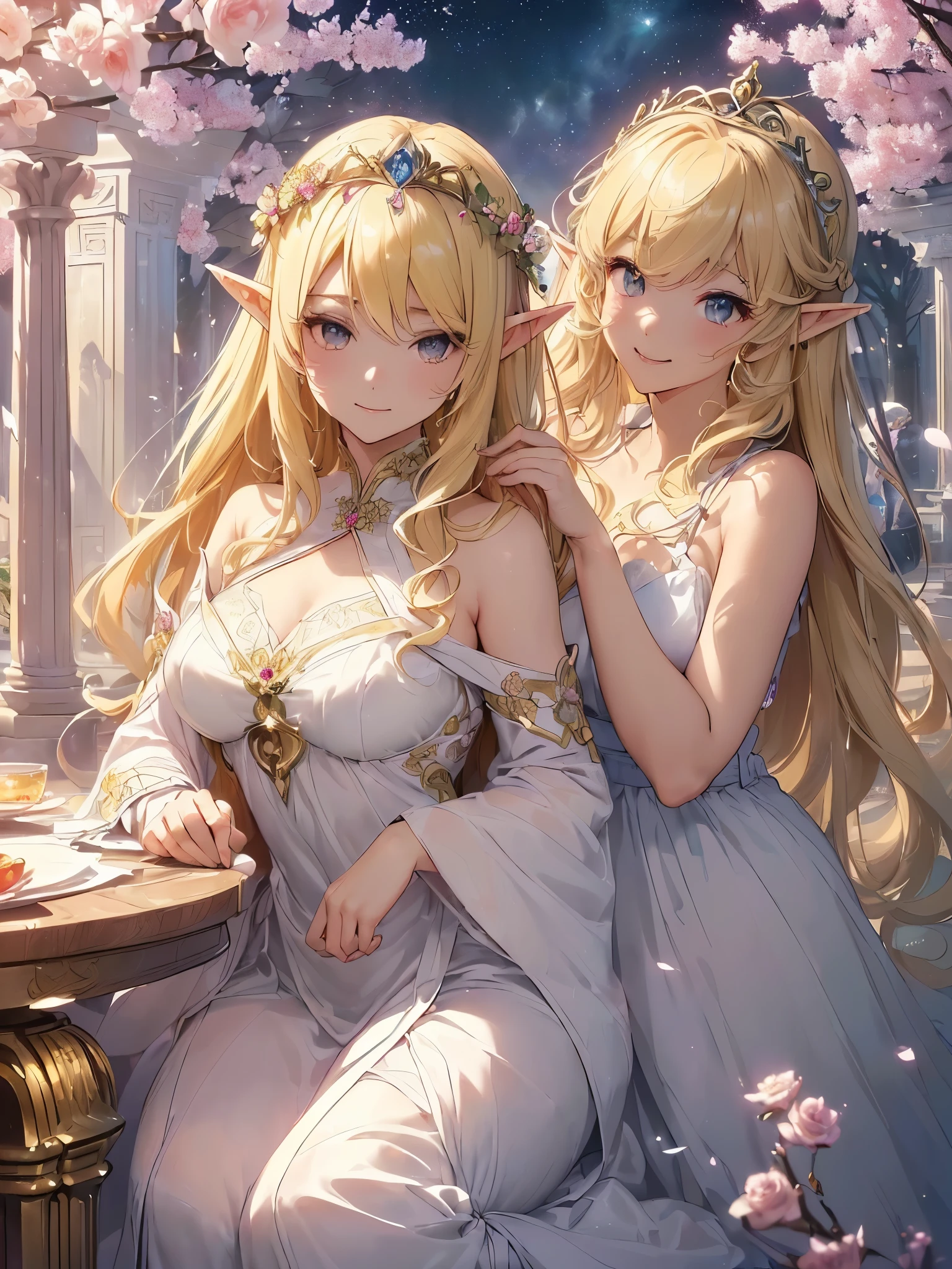 highest quality、Highest image quality、masterpiece、beautiful face、、Titania、Super beautiful elf beauty((22 years old OL big bust、bust 90,beautiful long ironed hair、blonde、Height: 165cm。slender、sexy、Esbian、beautiful tiara、night、High quality、美しいart、Beautiful bed、canopy、Canopy、muste piece、ビジュアルart、Depth of the bounds written、、elf ears、、Lightのmagic、universe、A happy smile、穏やかなLight、Elven Forest、cherry blossoms、、elegant、ticker beautiful decorative、marble columns、fresco、Mosaic floor、mystical rosa、Rose、flower瓶magicのflower、flowerを作るmagic、Light、 the sky、beautiful dressy、beautiful dress、table、myth、ART、Lord of the Ring、sexy、friendly smile、Fantastic、cherry blossoms、舞い散るflowerびら、cherry blossomsのflower、universeのmagic、magicのLight、fantasy、flower、super REALITYたくさんのRose、magic、Interior decoration、Many tapestries、Grow fantasy、、mysteryのLight、byzantine、renaissance、Art nouveau、alphonse Mucha、、art、art,mystery,UHD,magicalgentle light,sexy、