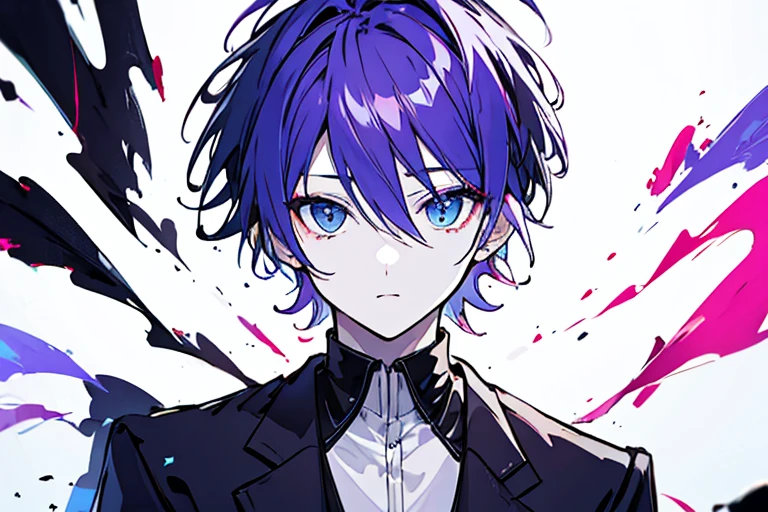 ((highest quality)), ((masterpiece)), ((1 person)),perfect face、male、purple hair color、light blue eyes、very short hair、vocal、pale colour、front、whole body、black suit、business suit