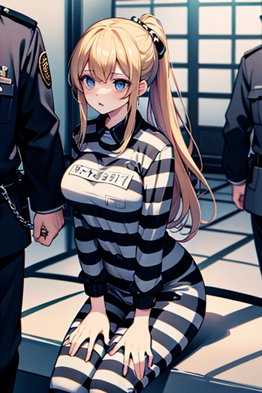 blonde hair, long hair, ponytail, blue eyes, black and white striped jumpsuit, prison uniform, prisoner, prisoned, jailed, jail cell, huge breasts