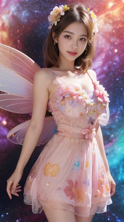 masterpiece，Highest image quality，Super details，best quality ,extremely delicate and beautiful, Very detailed,best quality, official art, Extremely detailed CG unified 8K wallpaper, Huang Li, File size is huge , super detailed，blonde hair, blue eyes，Bright Eyes，The most beautiful look，charming smile，Blushed，extremely delicate and beautiful, beautiful breast balls，perfect breast shape，4k ultra high definition, masterpiece, a girl, Good face, delicate eyes, delicate lips, Flower fairy girl, big wings, transparent wings, neon lights, (galaxy background:1.5), (floral dress:1.8), (pink skirt:1.5), in heaven,