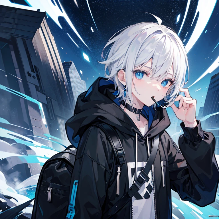 (Masterpiece, Top quality, Best quality, Official art), Black hoodie, Black headset, Messy white hair, ((mouth open, blue eyes)), Black backpack, Night, 1 Boy, Solo, looking at sky.