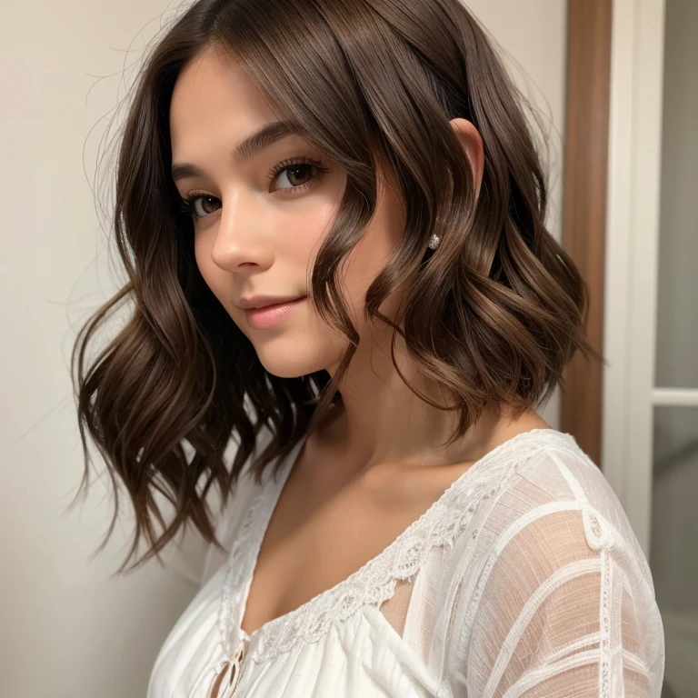 1Girl,solo, beautiful, pretty face,fair skin,short brown wavy hair