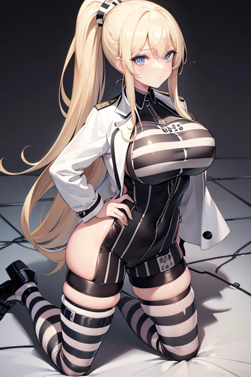 blonde hair, long hair, ponytail, blue eyes, black and white striped jumpsuit, prison uniform, prisoner, prisoned, jailed, jail cell, huge breasts